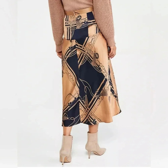 Ann Taylor Navy/Gold Equestrian Midi Silk Satin Feel A-Line Skirt Women’s 2 NWOT - Picture 2 of 14